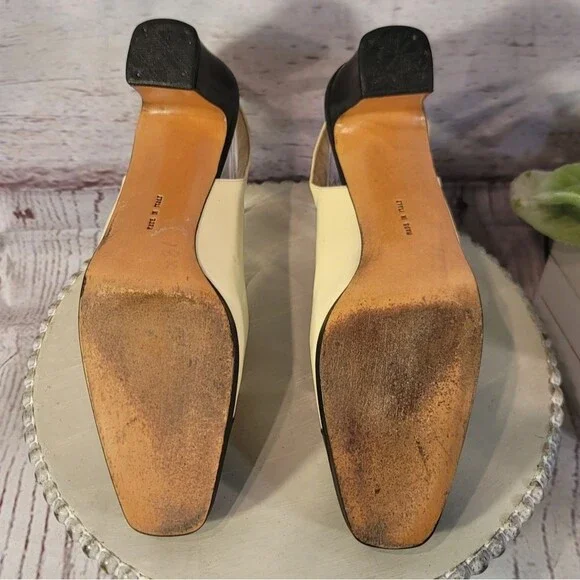 Salvatore Ferragamo Vintage Leather Slingback Heels Cream Black Cap Toe Size 8.5 - Picture 5 of 12